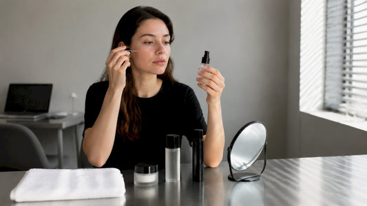O femeie își aplică serul de față, bucurându-se de lumina naturală din living.