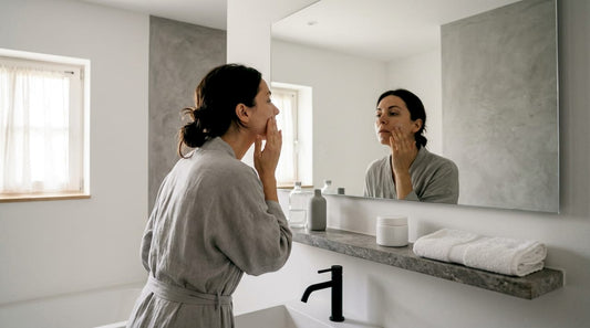 O femeie își aplică cremă specială pentru pielea sensibilă, relaxată în baie, bucurându-se de un moment de îngrijire personală.