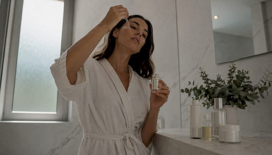 O tânără își aplică serul facial în fața oglinzii din baie.