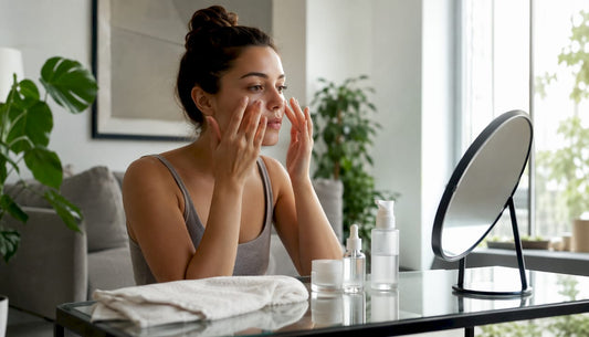 O femeie își aplică serul facial, relaxată, la masa din bucătărie, în confortul propriei case.