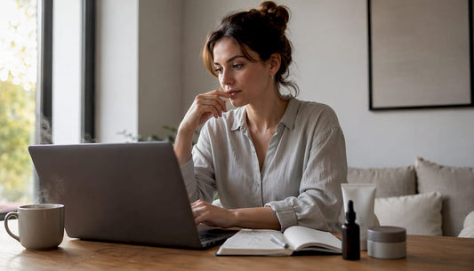 O femeie răsfoiește online diverse produse cosmetice, așezată la birou, în căutarea celor mai potrivite pentru ea.
