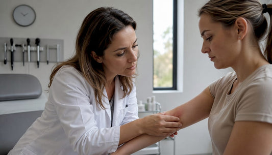 Dermatologul consultă un pacient care se confruntă cu o iritație la nivelul pielii.