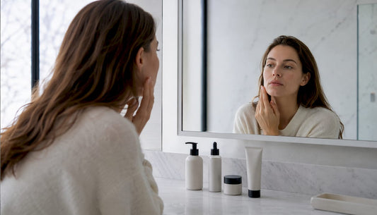 O femeie se uită atent la tenul ei în oglinda din baie, analizându-și pielea cu grijă.
