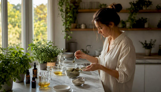 Ingrediente cosmetice naturale prezentate în boluri din sticlă