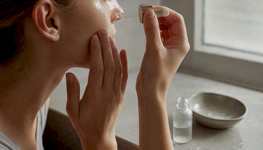 Mâinile aplică ser cu acid hialuronic pe tenul ușor umed.